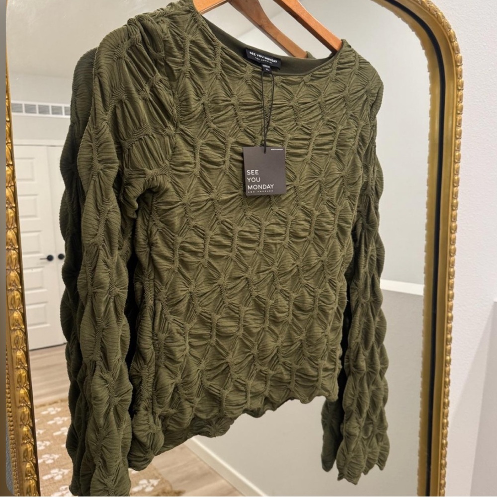 See you Monday textured olive top